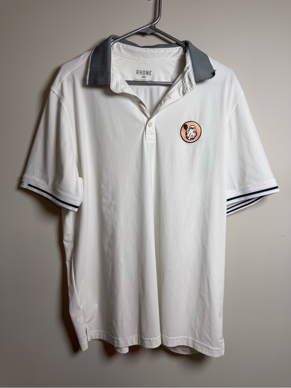 Rhone Men's L White Performance Polo Short Sleeve Golf Ghost Patch Tennis Sports